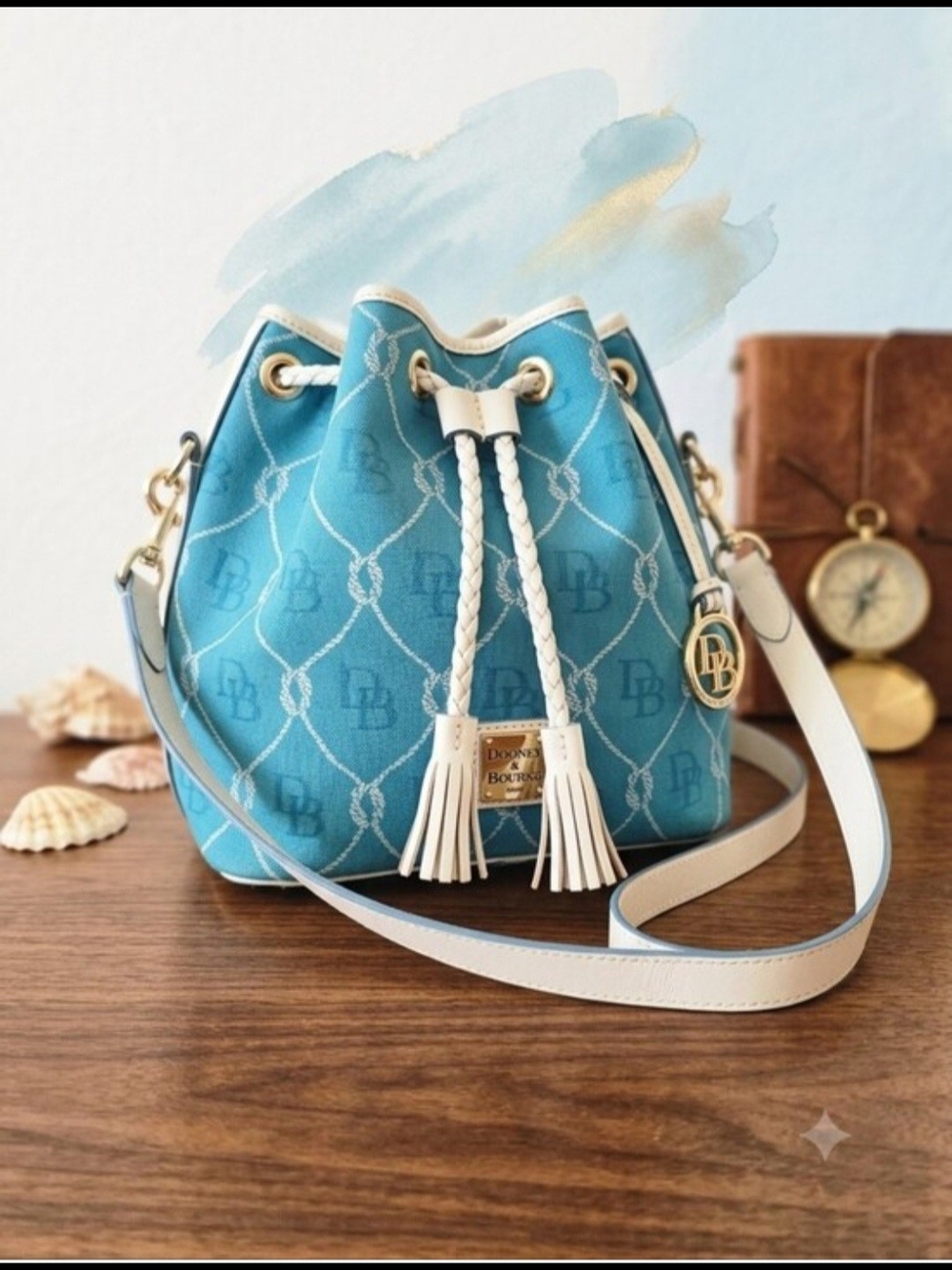 Dooney & Bourke Teal Bucket Crossbody with White LeatherTrim and Braided Tassels